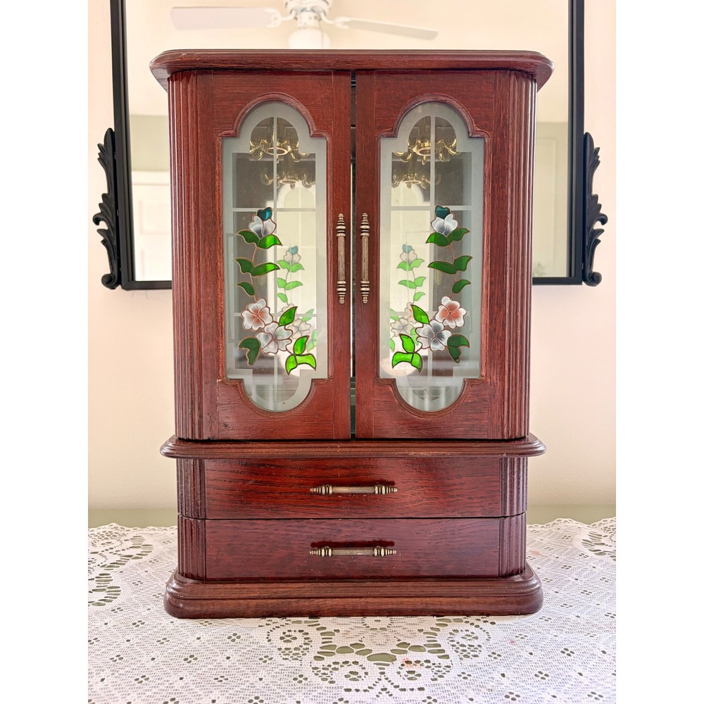 Vintage Wooden Jewelry Cabinet with Stained Glass Doors, Velvet Lined